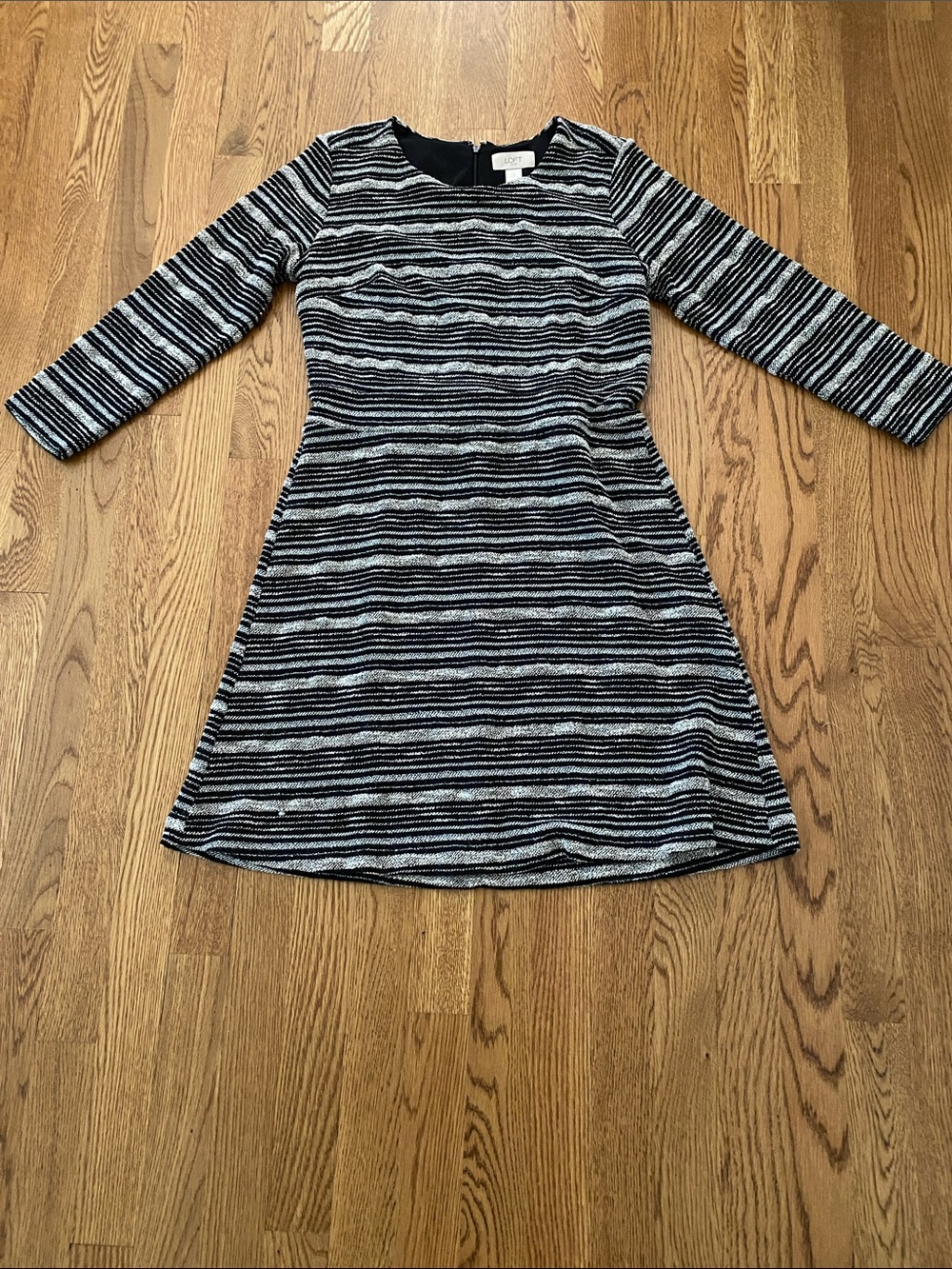 LOFT Black & White Striped Fit-and-Flare Midi Dress